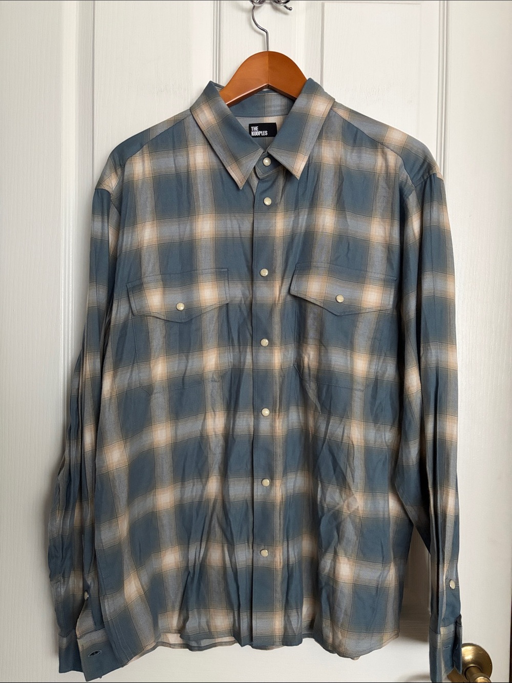 The Kooples Blue and Cream Plaid Western inspired Snap Closure Shirt